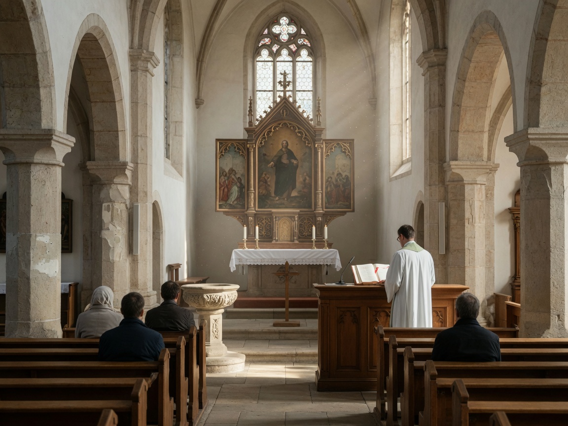Innenraum der Pfarrkirche Wermsdorf: romanische Rundbögen und Pfeiler rahmen einen späteren Barockaltar; liturgischer Au