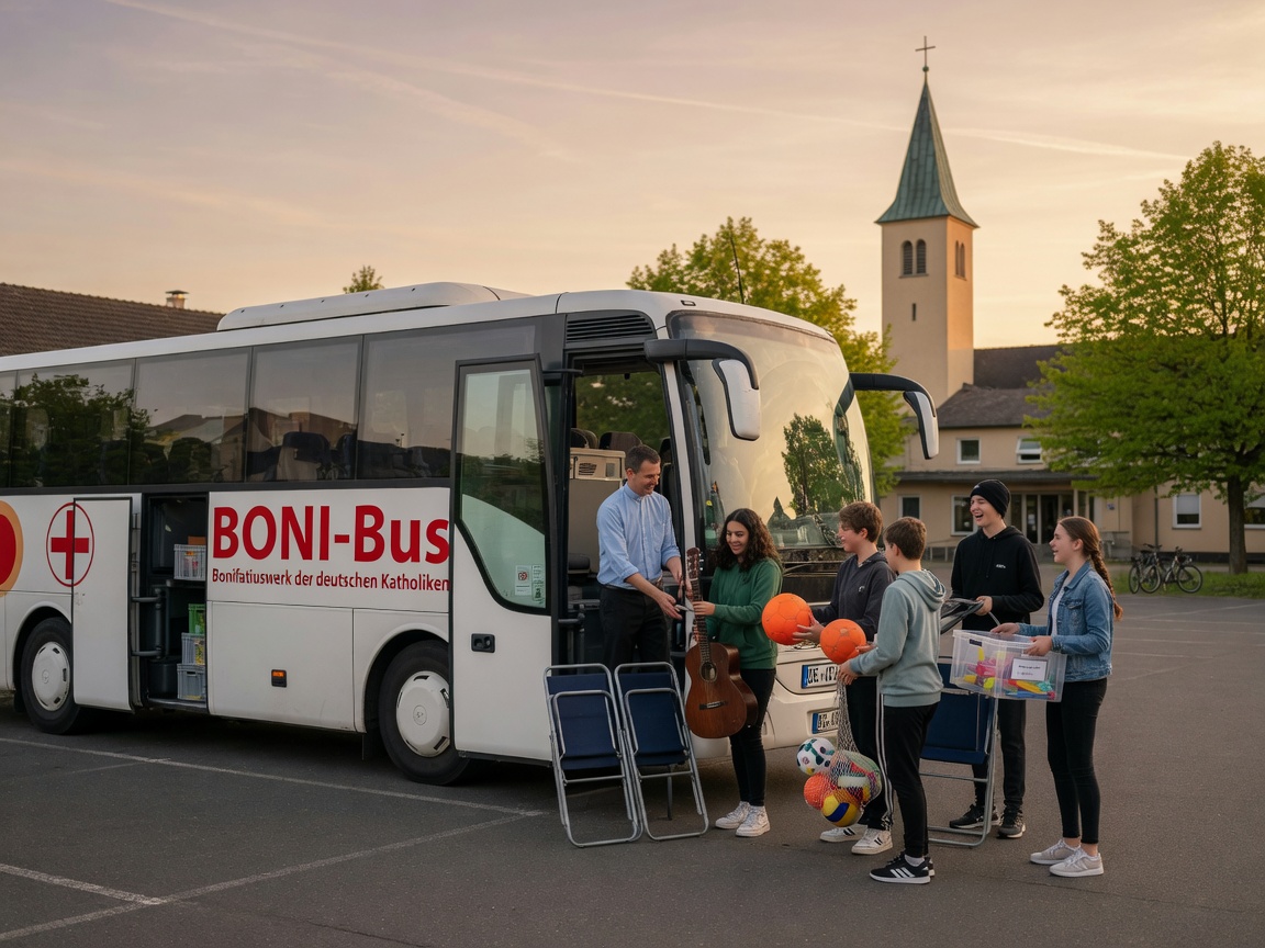 Jugendliche und ein Seelsorger laden vor einem weißen BONI-Bus des Bonifatiuswerkes am Pfarrheim einer