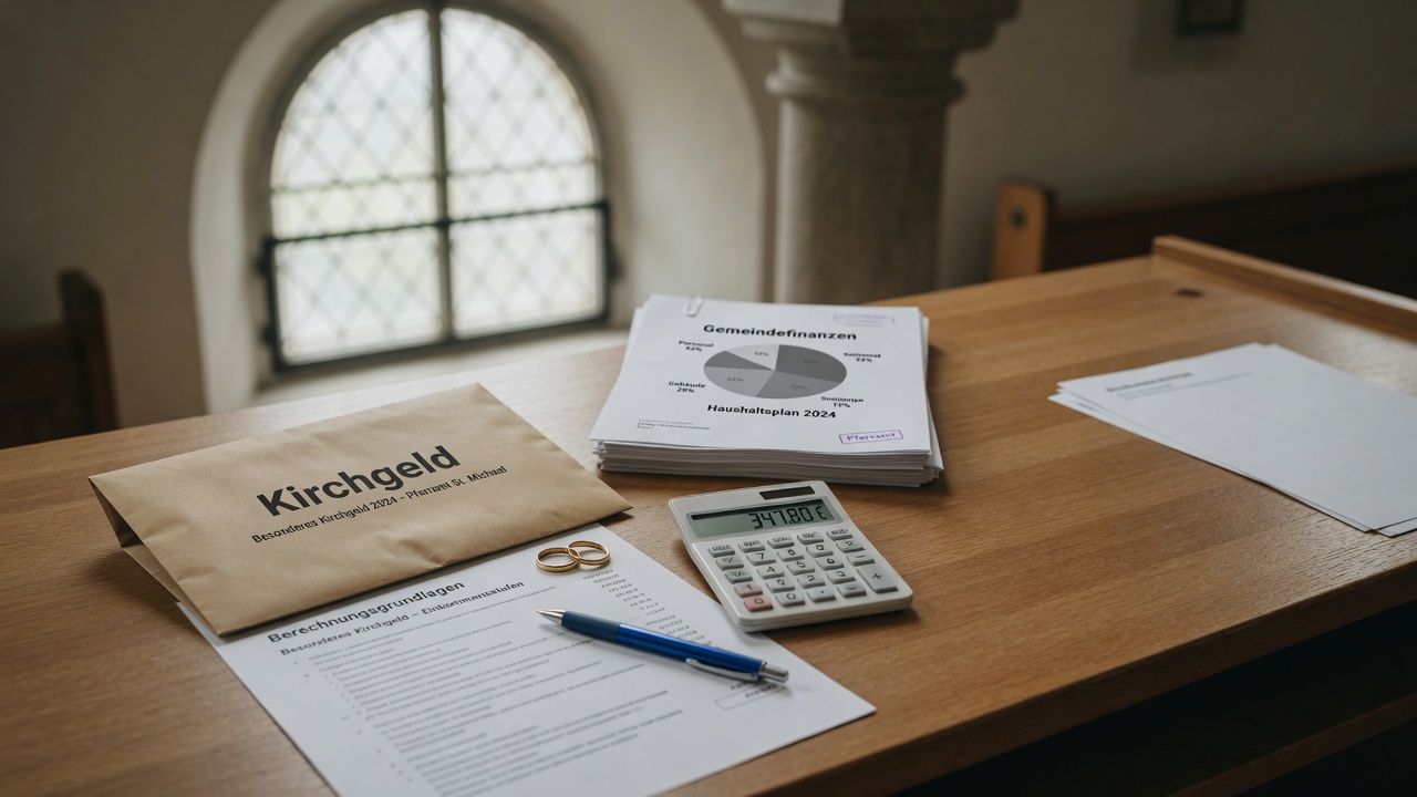 Headerfoto: Aufgeräumter Schreibtisch im Pfarrbüro mit Umschlag Kirchgeld, Taschenrechner, zwei Eheringen und Finanzunte